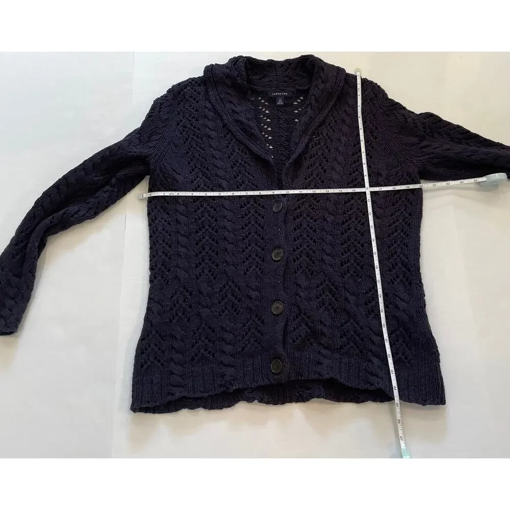 Lands' End Navy Blue Open Knit / Crochet Cardigan, Shawl Collar, V-Neck, Size LP
